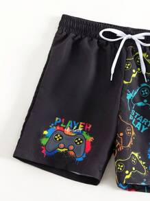 Boys Gamepad Print Drawstring Waist Swim Shorts - Black - View 3