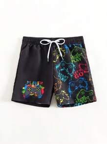 Boys Gamepad Print Drawstring Waist Swim Shorts - Black - View 5