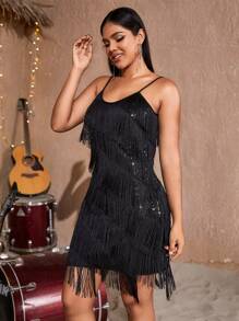 Fringe Trim Sequin Cami Flapper Dress Rave Party Music Festival - Black - View 4