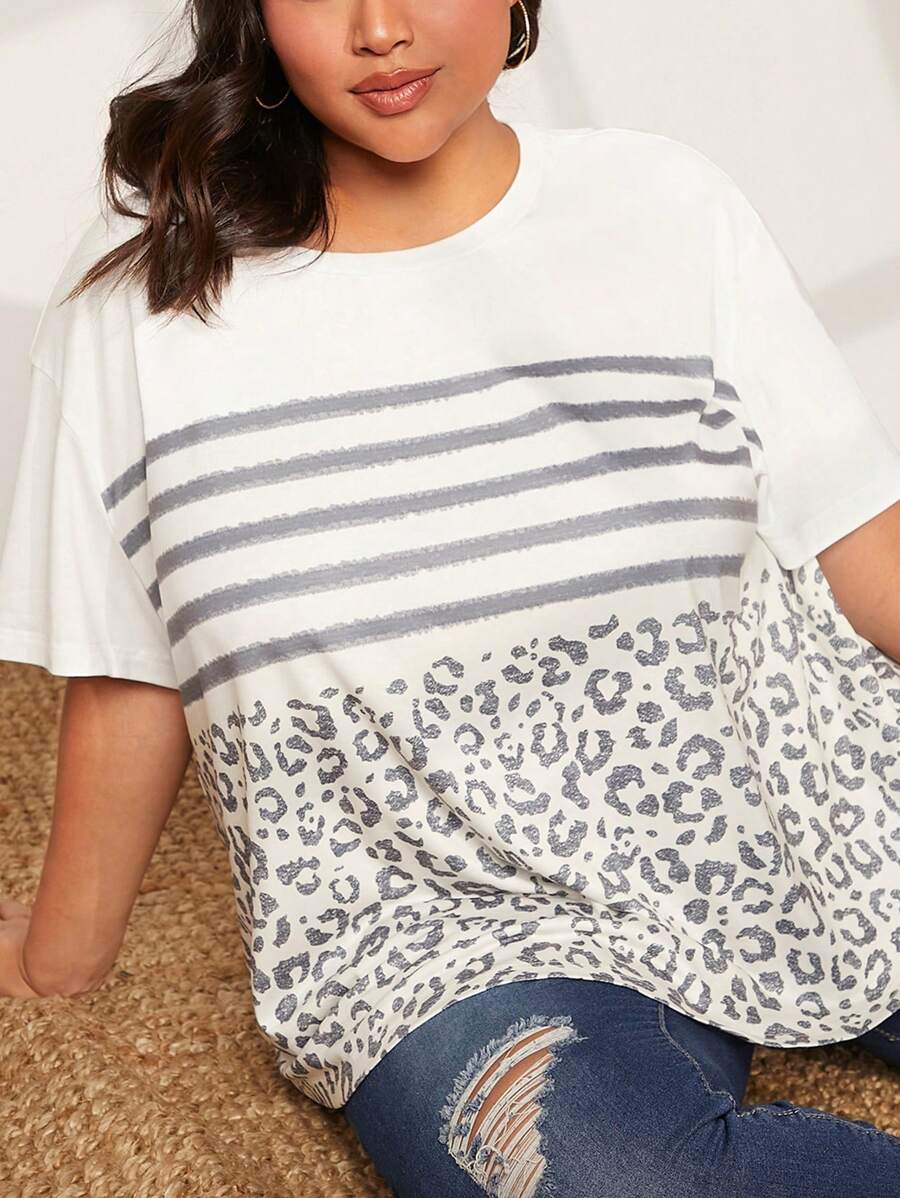 SHEIN CURVE+ 大碼條紋和豹紋落肩T恤 - 彩色 - 查看 1