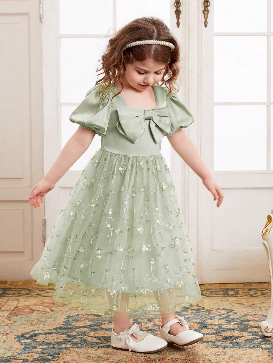 SHEIN Đầm bé gái Thêu Dây kéo Nơ trước Hoa Buổi tiệc - Màu xanh Bạc hà - Xem 1
