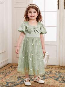 SHEIN Đầm bé gái Thêu Dây kéo Nơ trước Hoa Buổi tiệc - Màu xanh Bạc hà - Xem 5