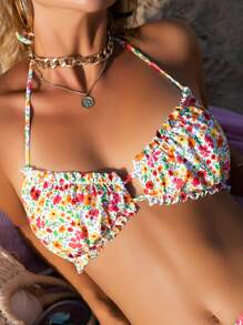 Swim Mod Summer Beach Ditsy Floral Print Halter Bikini Top - Multicolor - View 1