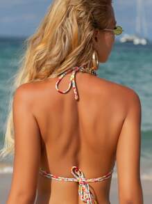 Swim Mod Summer Beach Ditsy Floral Print Halter Bikini Top - Multicolor - View 2