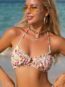 Swim Mod Summer Beach Ditsy Floral Print Halter Bikini Top - Multicolor - View 3