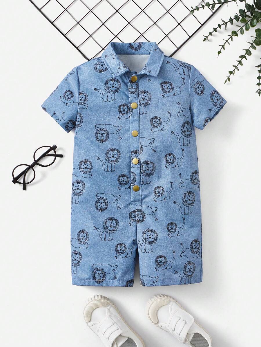 SHEIN 小男童卡通圖案襯衫連體短褲