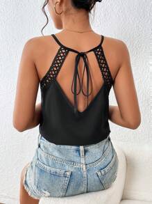 SHEIN Frenchy Áo khoác và áo lót dành cho xe tăng nữ Tương phản ren Buộc lại màu trơn Giải trí - màu đen - Xem 4