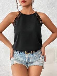 SHEIN Frenchy Áo khoác và áo lót dành cho xe tăng nữ Tương phản ren Buộc lại màu trơn Giải trí - màu đen - Xem 6