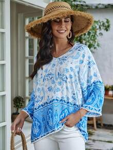 SHEIN VCAY 佩斯利印花蝙蝠袖襯衫 - 藍色 - 查看 3