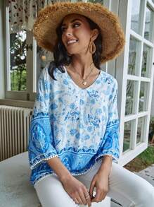 SHEIN VCAY 佩斯利印花蝙蝠袖襯衫 - 藍色 - 查看 6
