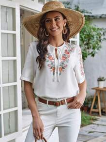 SHEIN LUNE Floral Print Tie Neck Blouse - Beige - View 1