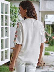 SHEIN LUNE Floral Print Tie Neck Blouse - Beige - View 2