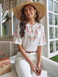 SHEIN LUNE Floral Print Tie Neck Blouse - Beige - View 6