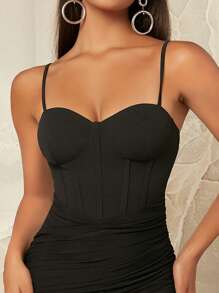 L'Amorae 素色褶邊不對稱下擺吊帶連衣裙 - 黑色 - 查看 4