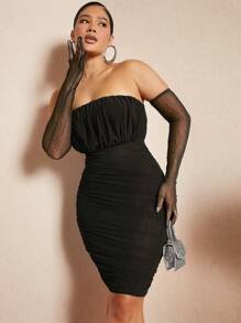 Hauture Vestido tubo ajustado con pliegues y guantes de brazo - Negro - Ver 1