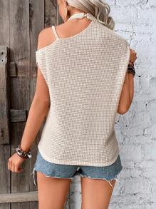 Breezaya Áo thun nữ Bất đối xứng Chuỗi màu trơn Giải trí - Màu be - Xem 2