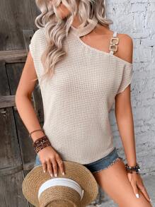 Breezaya Áo thun nữ Bất đối xứng Chuỗi màu trơn Giải trí - Màu be - Xem 7