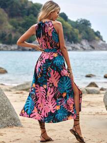 SHEIN VCAY Tropical Print Split Thigh Belted Halter Dress - Multicolor - View 3