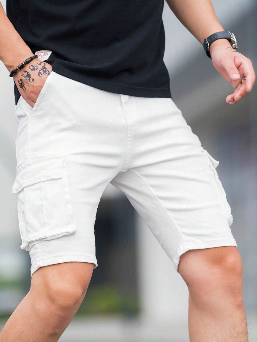 Manfinity LEGND Men Cotton Flap Pocket Side Bermuda Denim Shorts - White - View 1