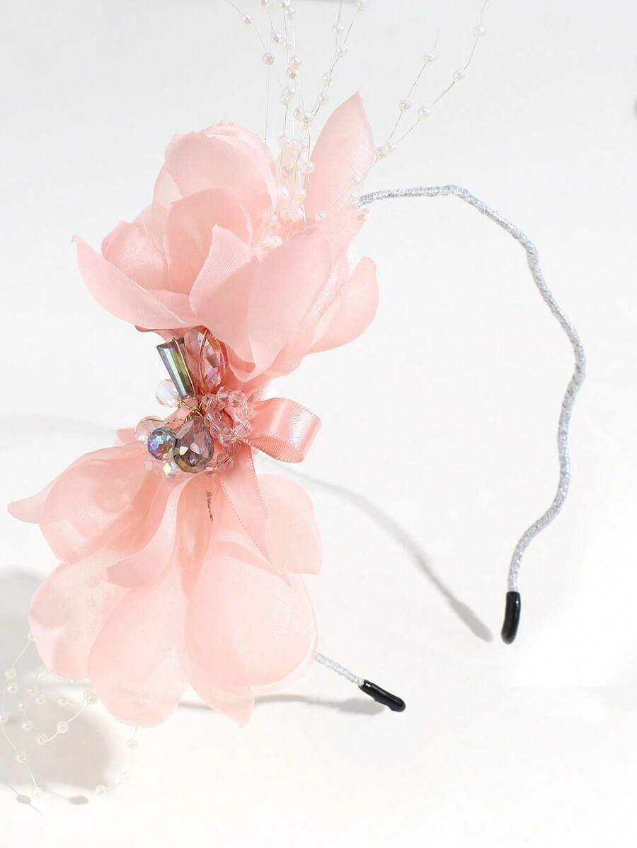 1 pieza Diadema elegante de mujer con flores, rhinestones y perlas falsas, adecuada para uso diario y eventos - Rosa vieja - Ver 1