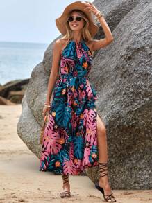 SHEIN VCAY Tropical Print Split Thigh Belted Halter Dress - Multicolor - View 5
