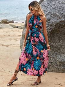 SHEIN VCAY Tropical Print Split Thigh Belted Halter Dress - Multicolor - View 1