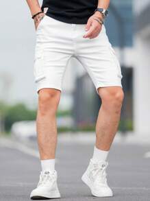 Manfinity LEGND Men Cotton Flap Pocket Side Bermuda Denim Shorts - White - View 6
