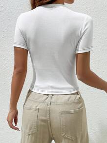 SHEIN EZwear Áo thun nữ Đắp vá Gân đan Tương phản ràng buộc màu trơn Giải trí - trắng - Xem 3