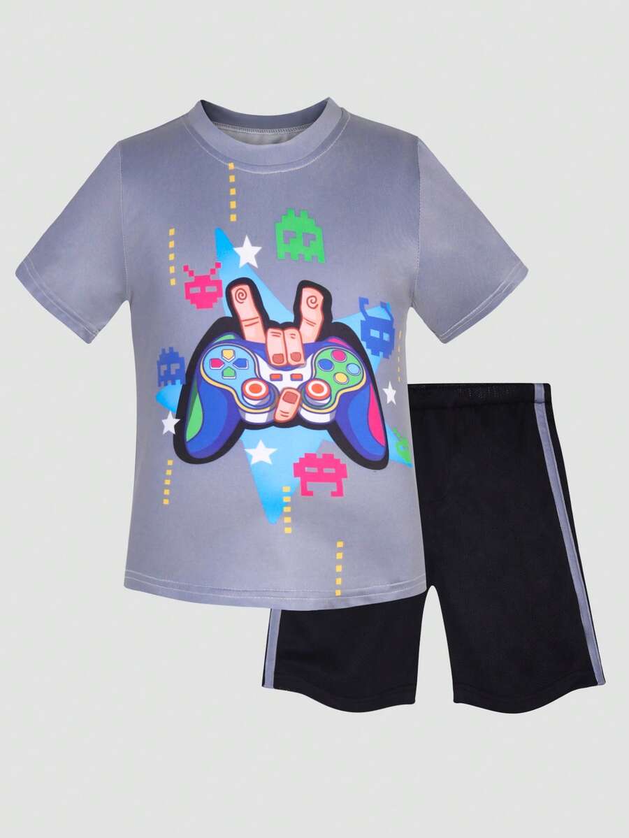 小男童遊戲手柄圖案T恤和短褲 - 彩色 - 查看 1