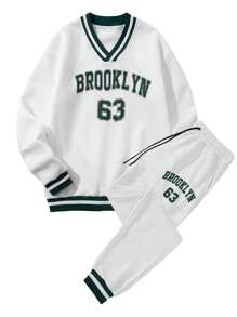 Manfinity Campus Court 男士字母圖案條紋飾邊衛衣和衛褲 - 白色 - 查看 1