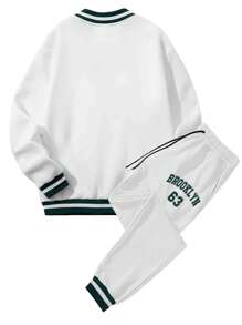 Manfinity Campus Court 男士字母圖案條紋飾邊衛衣和衛褲 - 白色 - 查看 2