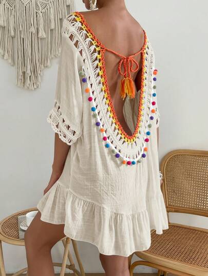 SHEIN Swim 女士度假休闲钩针花朵绒球装饰露背罩衫