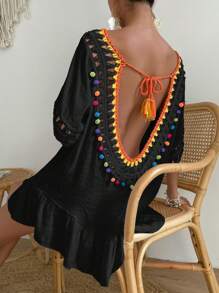 Contrast Crochet Pom Pom Trim Ruffle Hem Tie Backless Cover Up - Black - View 2