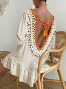 SHEIN Swim Women's Vacation Casual Crochet Flower Pom Pom Decor Backless Cover Up - Apricot - View 2