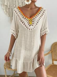 SHEIN Swim Women's Vacation Casual Crochet Flower Pom Pom Decor Backless Cover Up - Apricot - View 4