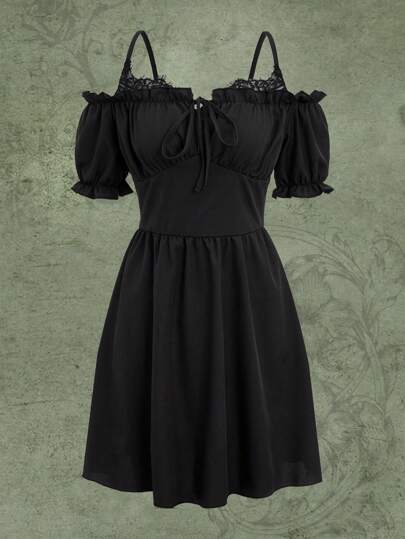 Fairycore Solid Frill Trim Tie Front Dress