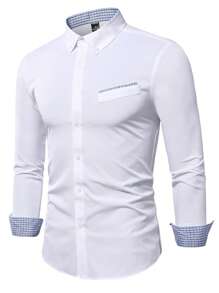 Manfinity Mode Men Plaid Trim Button Up Shirt - White - View 3