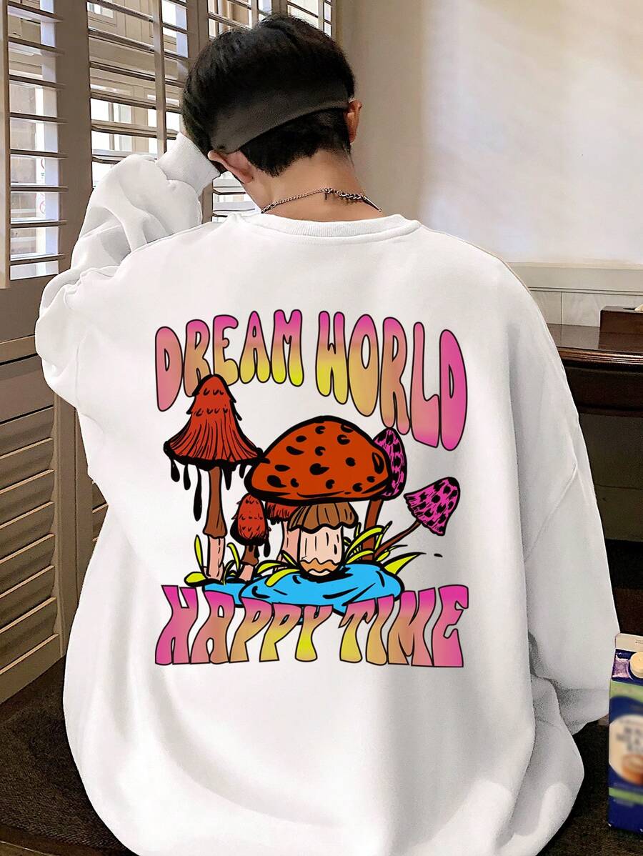 Manfinity Men Mushroom & Letter Graphic Drop Shoulder Sweatshirt - White - View 1