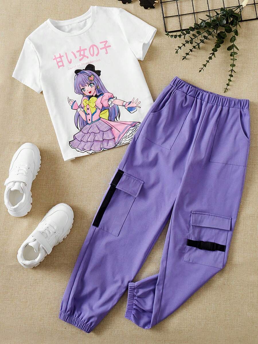 SHEIN Camiseta Gráfica Con Figura Y Eslogan Para Niña Adolescente Y Pantalones De Carga Con Bolsillo De Solapa - Multicolor - Ver 1