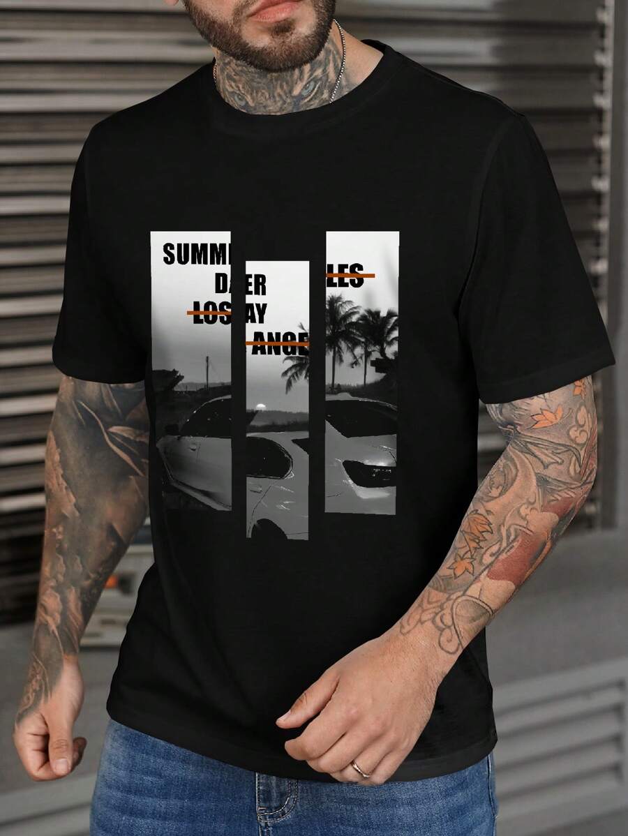 Manfinity Hombres Camiseta con estampado de letra - Negro - Ver 1