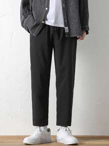 Men Solid Drawstring Waist Trousers - Black - View 4