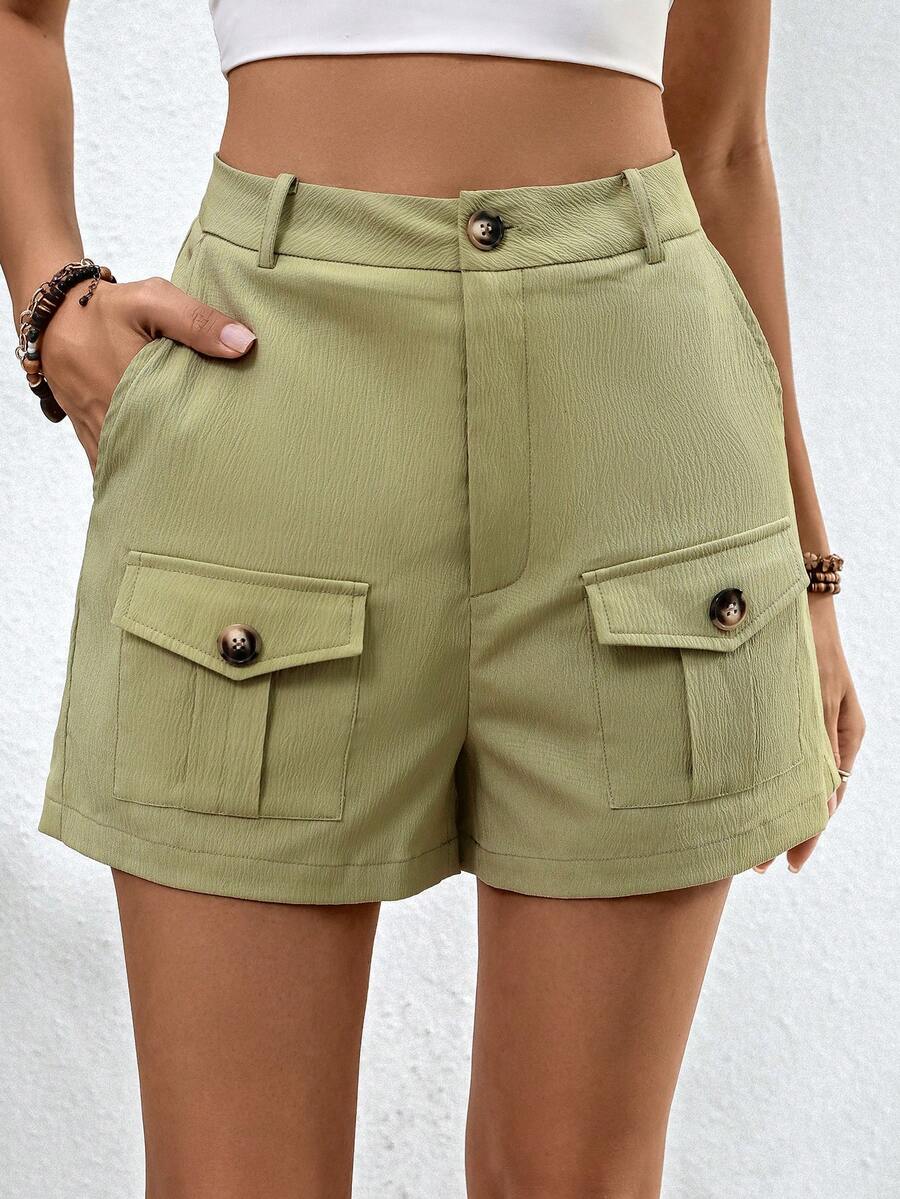 SHEIN Essnce Shorts con bolsillo con solapa cargo - Verde - Ver 1
