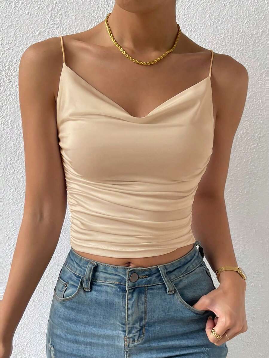 SHEIN BAE 垂墜領褶皺吊帶上衣,外出上衣 - 駝色 - 查看 1