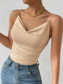 SHEIN BAE 垂墜領褶皺吊帶上衣,外出上衣 - 駝色 - 查看 3