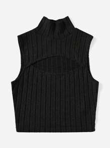 SHEIN EZwear 大碼小高領鏤空背心上衣 - 黑色 - 查看 1