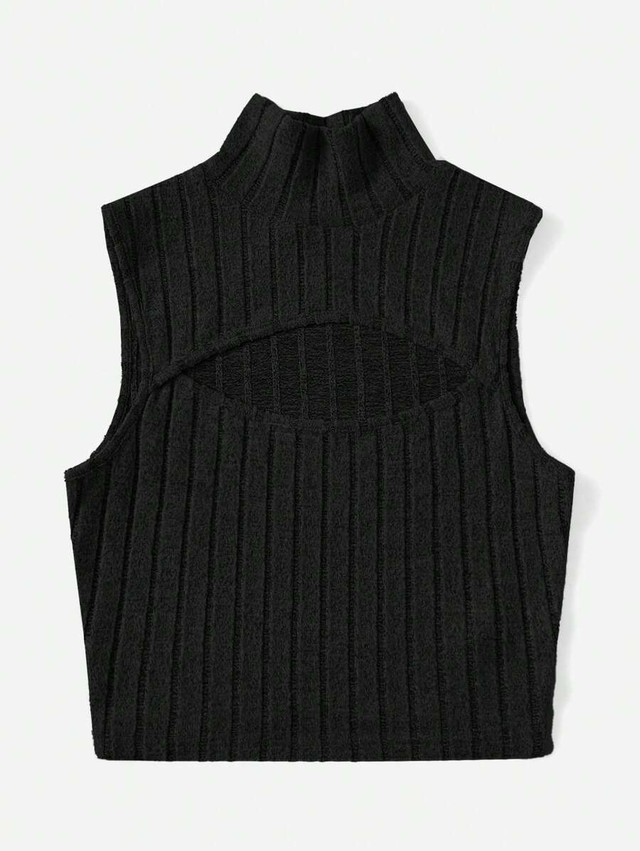 SHEIN EZwear 大碼小高領鏤空背心上衣 - 黑色 - 查看 1