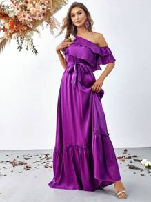 不對稱領荷葉邊腰帶雪紡連衣裙 - 紫羅蘭色 - 查看 1