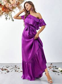 不對稱領荷葉邊腰帶雪紡連衣裙 - 紫羅蘭色 - 查看 4