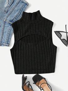 SHEIN EZwear 大碼小高領鏤空背心上衣 - 黑色 - 查看 5