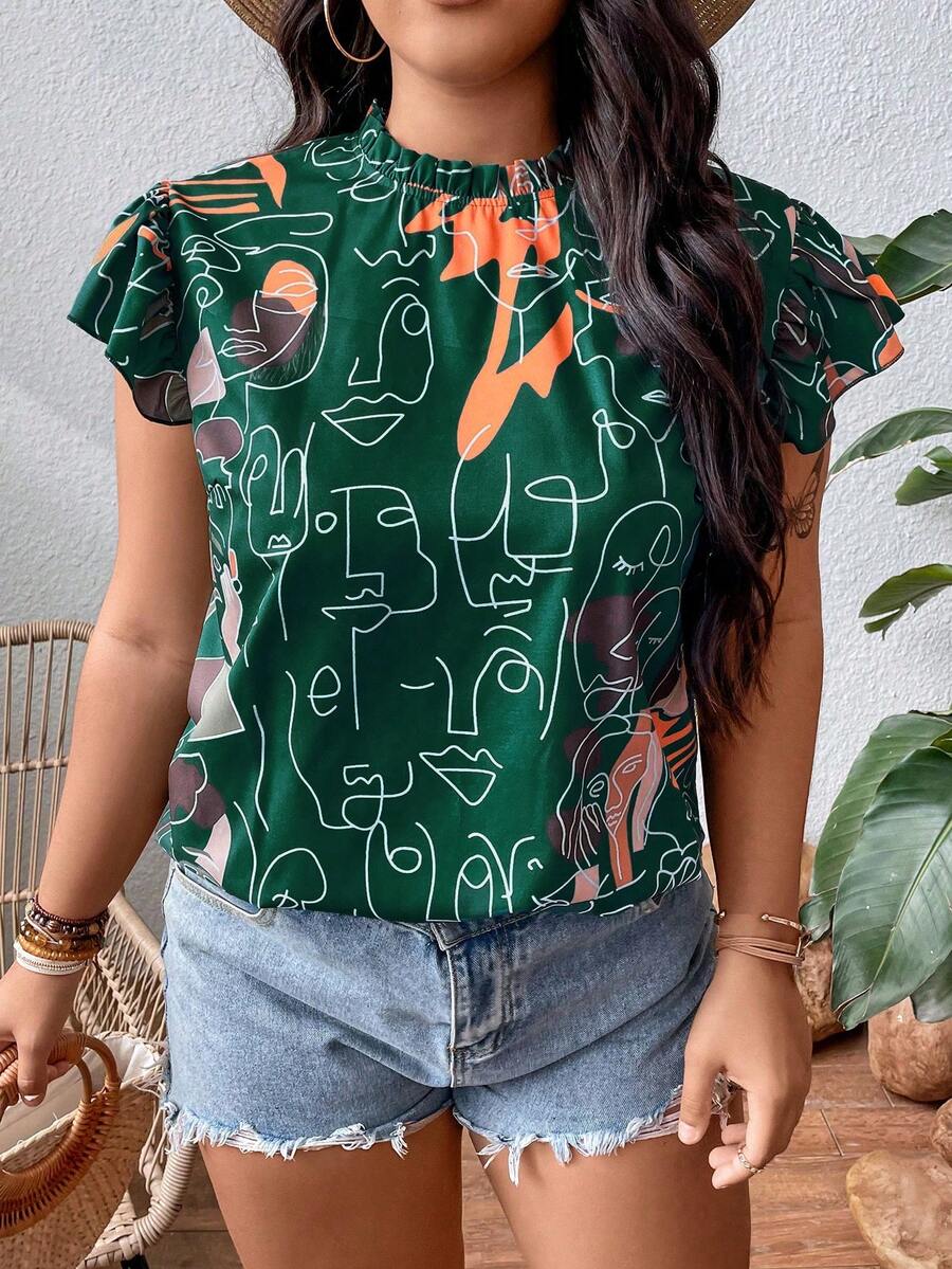SHEIN LUNE Plus Figure Graphic Butterfly Sleeve Blouse - Green - View 1